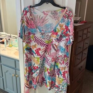 Fresh Produce Scoop Neck Colorful Floral Tropical Short Sleeve Tunic Top SZ 1X